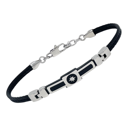 Bracciale cavetto in PVD nero e piastra in PVD nero con rosa dei venti