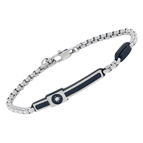 Bracciale con catena in acciaio e piastra in PVD nero con rosa dei venti