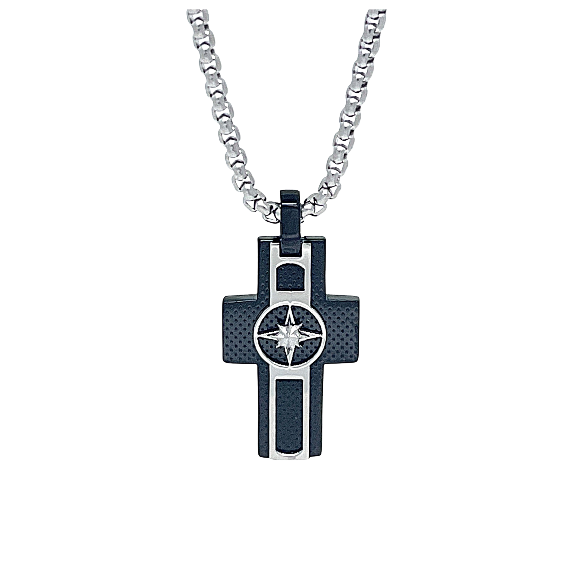 Collana con pendente a croce in acciaio e piastra in PVD nero con rosa dei venti