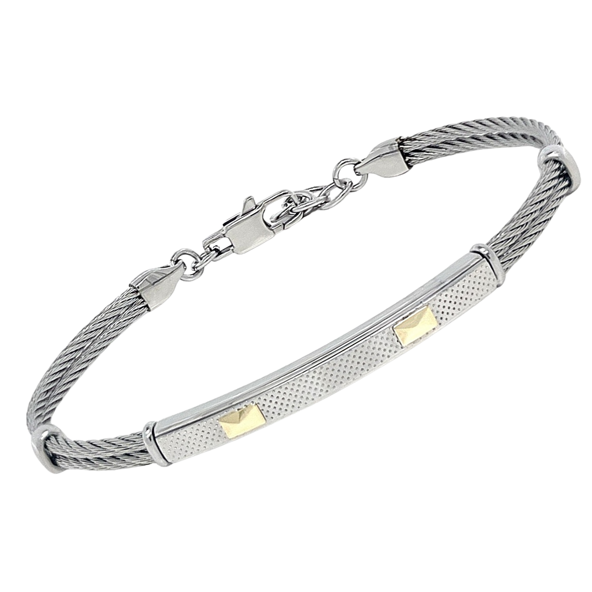 Bracciale cavetto in acciaio e piastra godronata con oro 18 kt (gr 0.08)