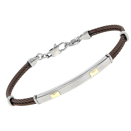 Bracciale cavetto in acciaio PVD nero e piastra godronata con oro 18 kt (gr 0.08)
