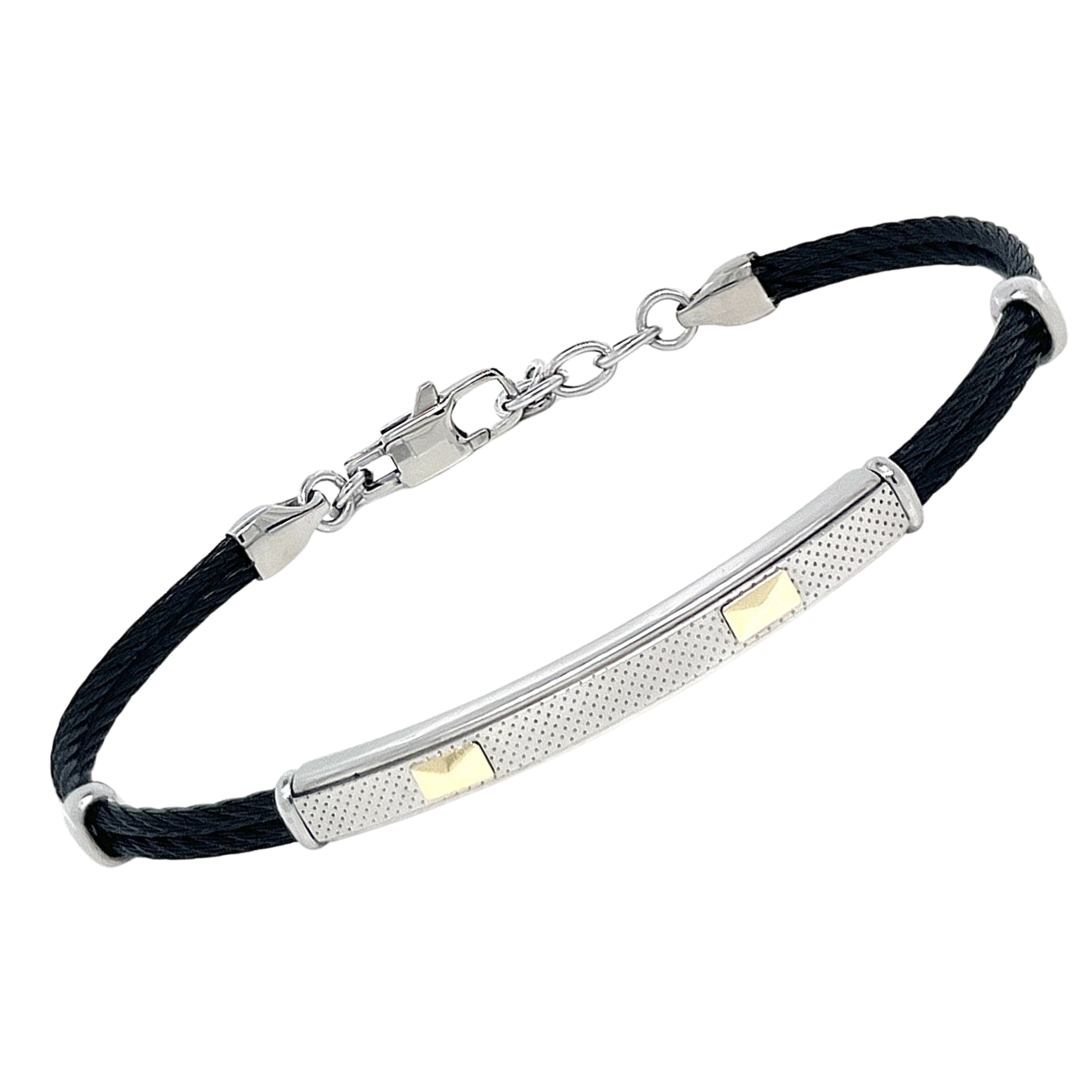 Bracciale cavetto in acciaio PVD marrone e piastra godronata con oro 18 kt (gr 0.08)