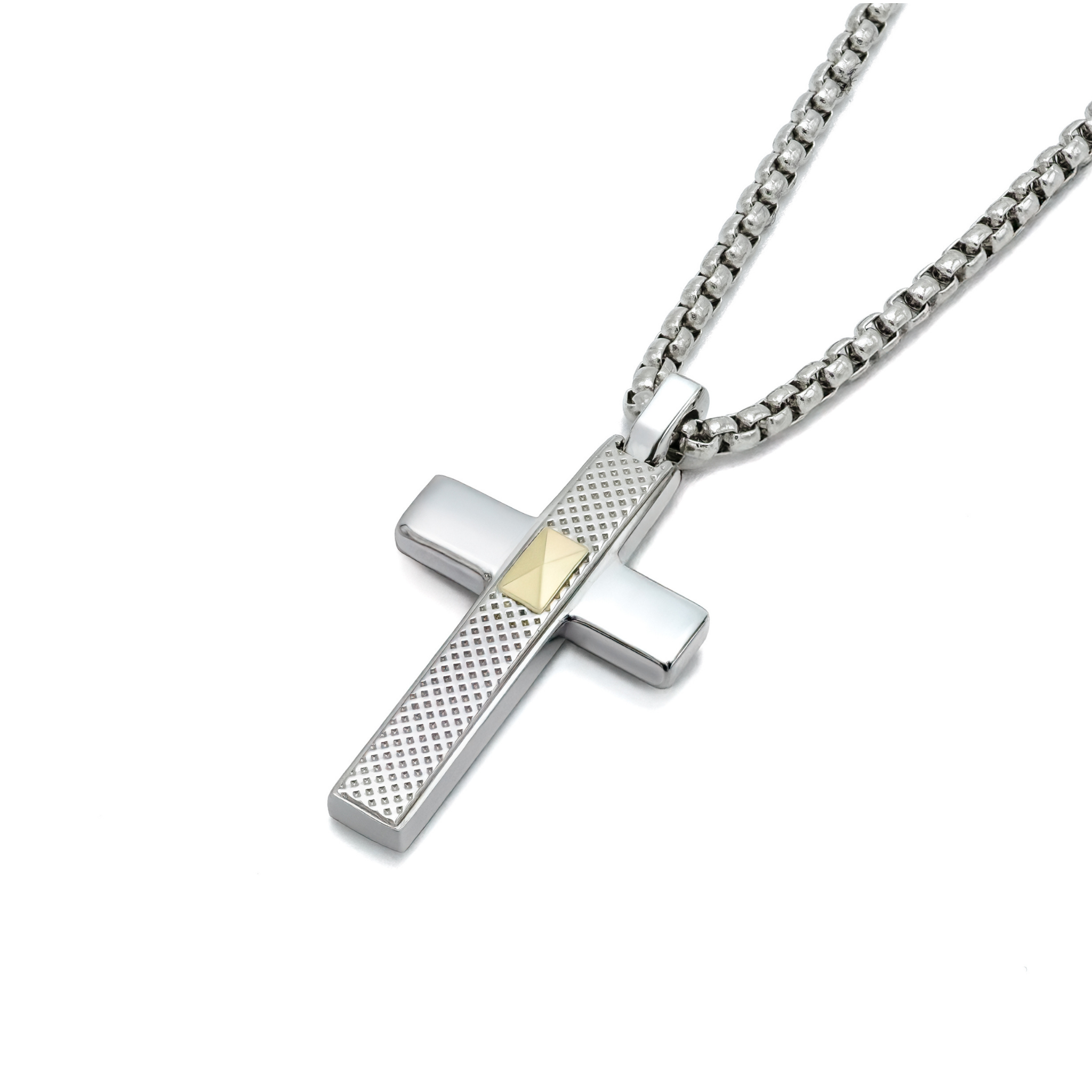 Pendente croce in acciaio godronato con oro 18Kt (gr 0.04)