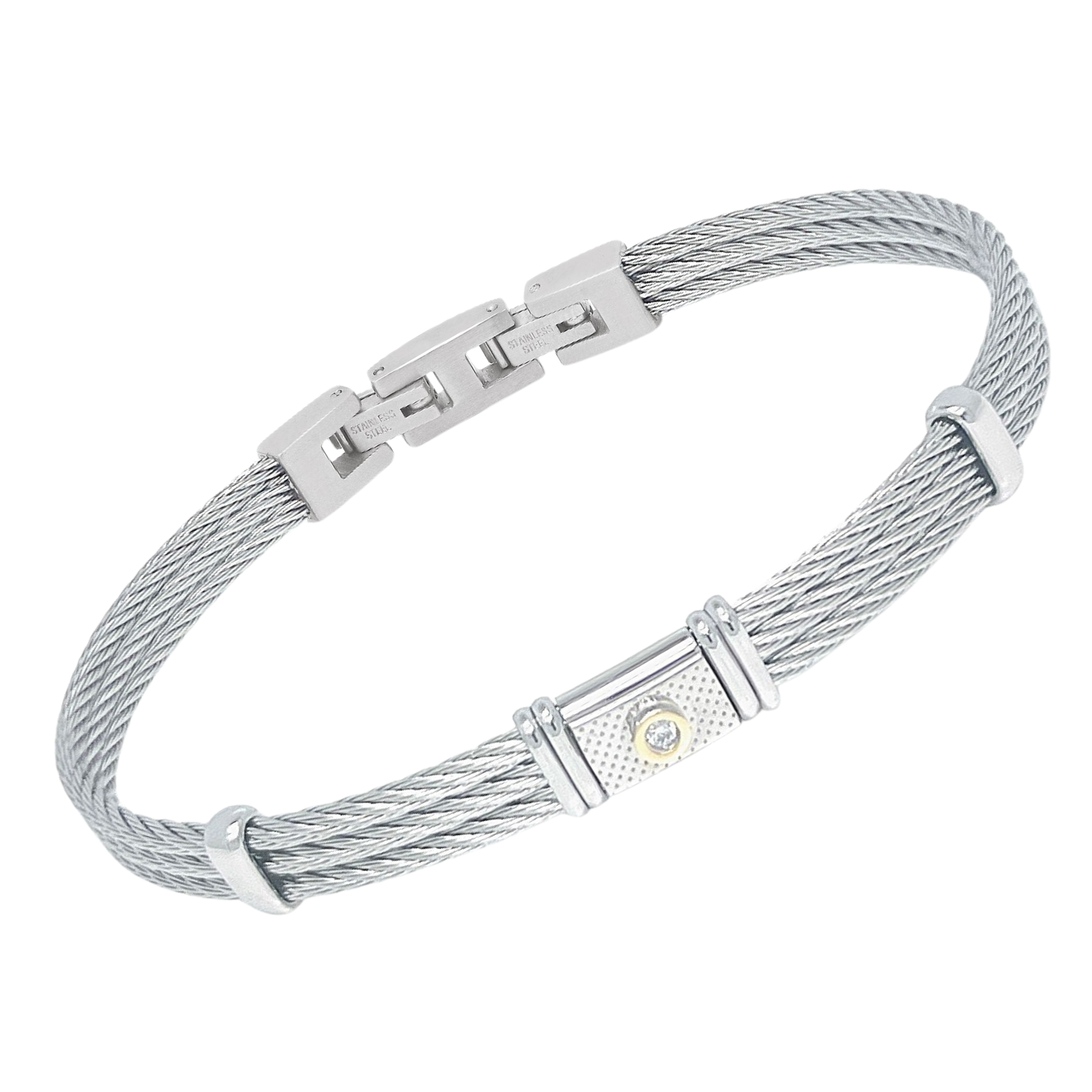 Bracciale cavetto in acciaio con piastra godronata e oro 18Kt e Diamante Naturale 0,015 ct