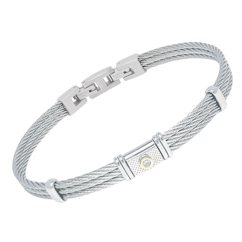 Bracciale cavetto in acciaio con piastra godronata e oro 18Kt e Diamante Naturale 0,015 ct