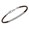Bracciale in cuoio marrone e piastra godronata con oro 18Kt e Diamante Naturale 0,015 ct
