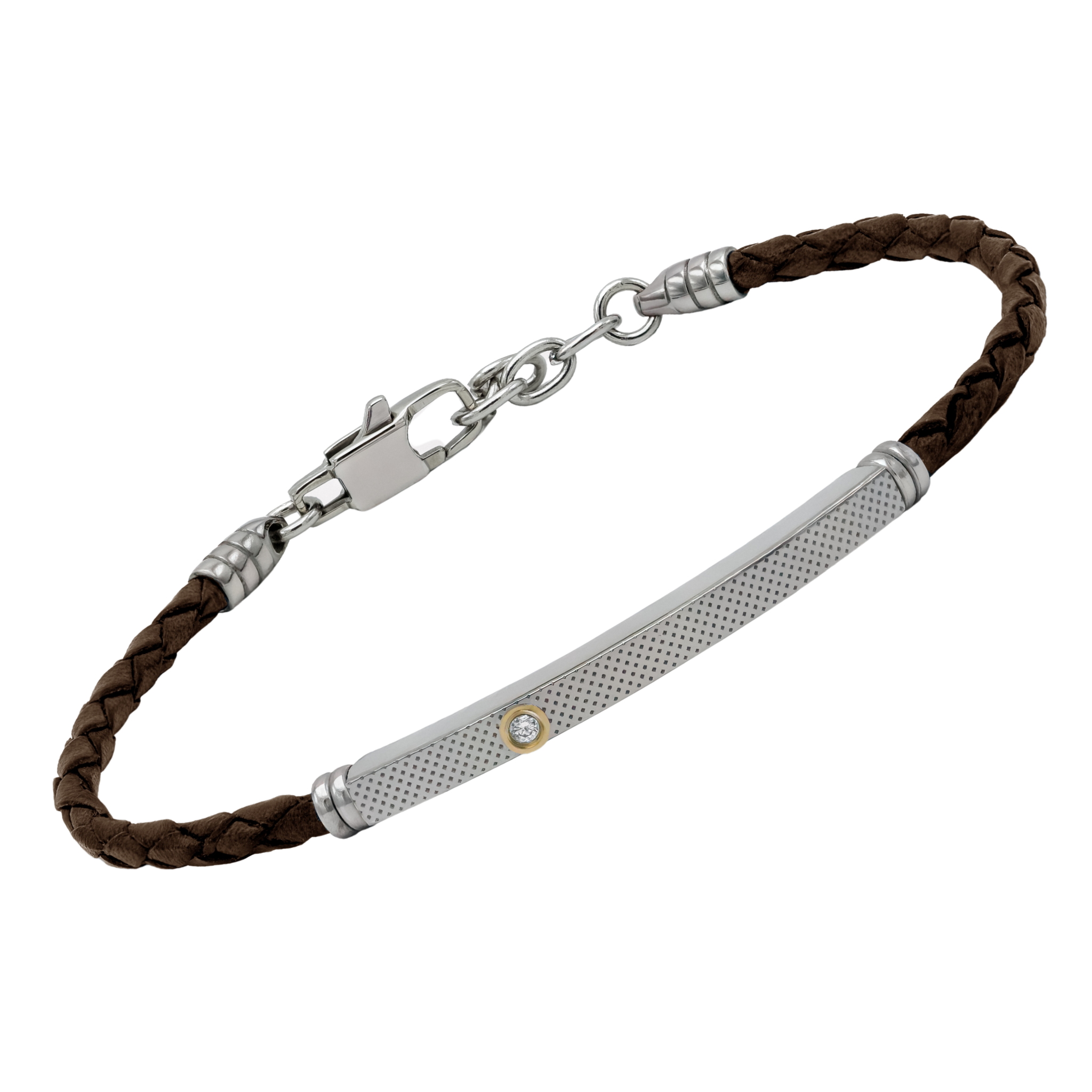 Bracciale in cuoio marrone e piastra godronata con oro 18Kt e Diamante Naturale 0,015 ct