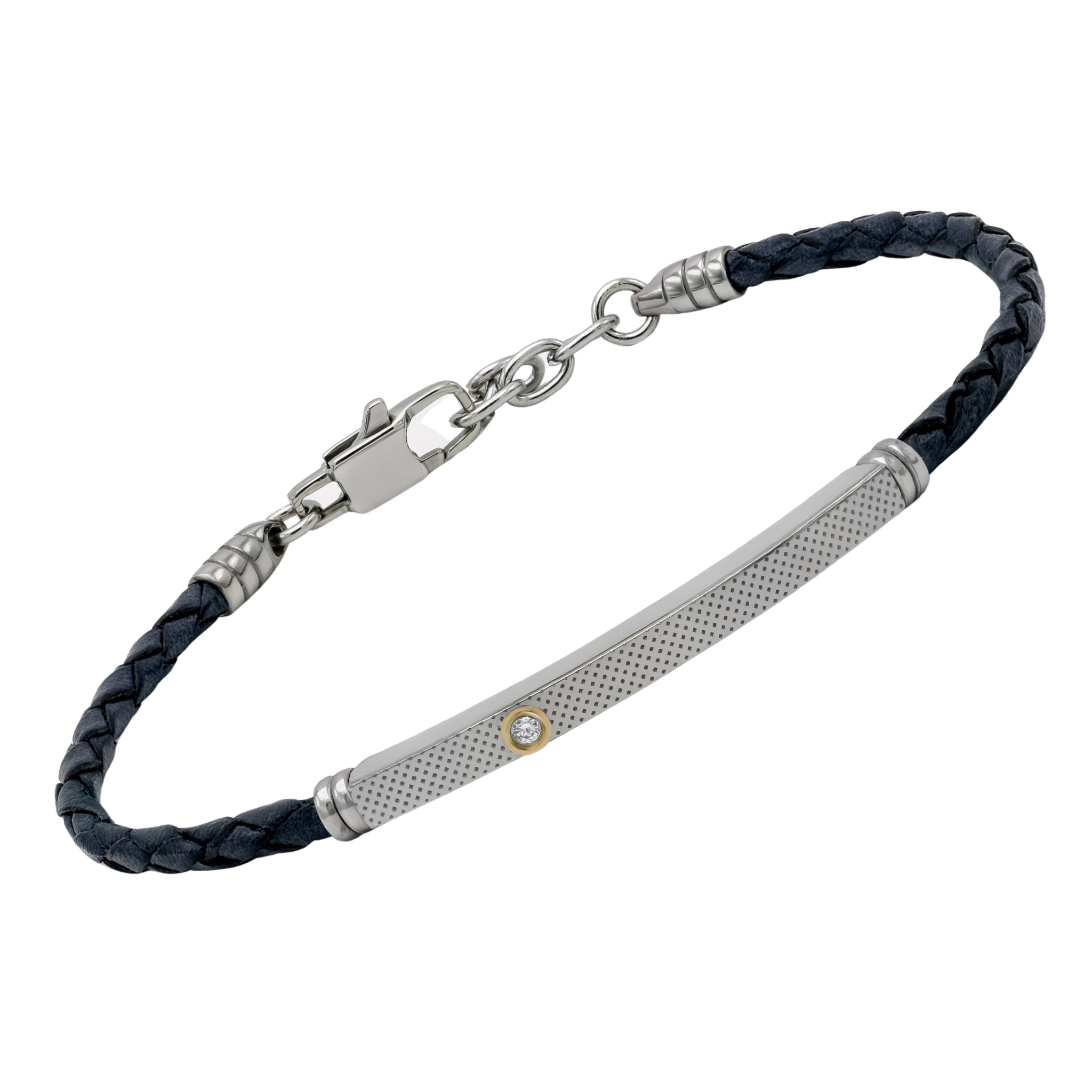 Bracciale in cuoio nero e piastra godronata con oro 18Kt e Diamante Naturale 0,015 ct