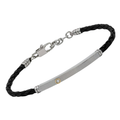 Bracciale in cuoio blu e piastra godronata con oro 18Kt e Diamante Naturale 0,015 ct