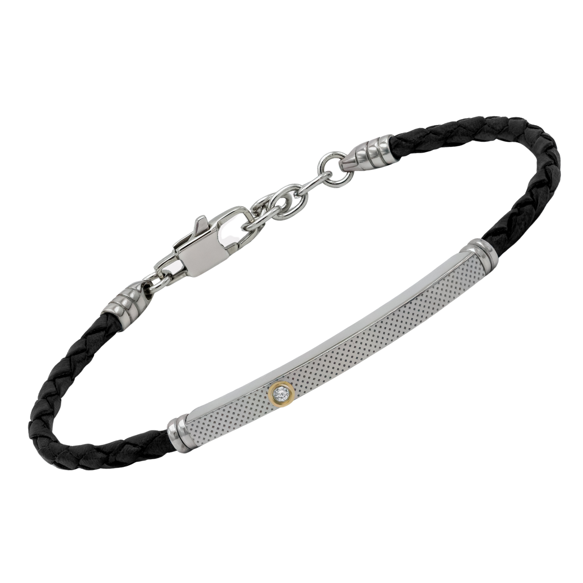 Bracciale in cuoio blu e piastra godronata con oro 18Kt e Diamante Naturale 0,015 ct