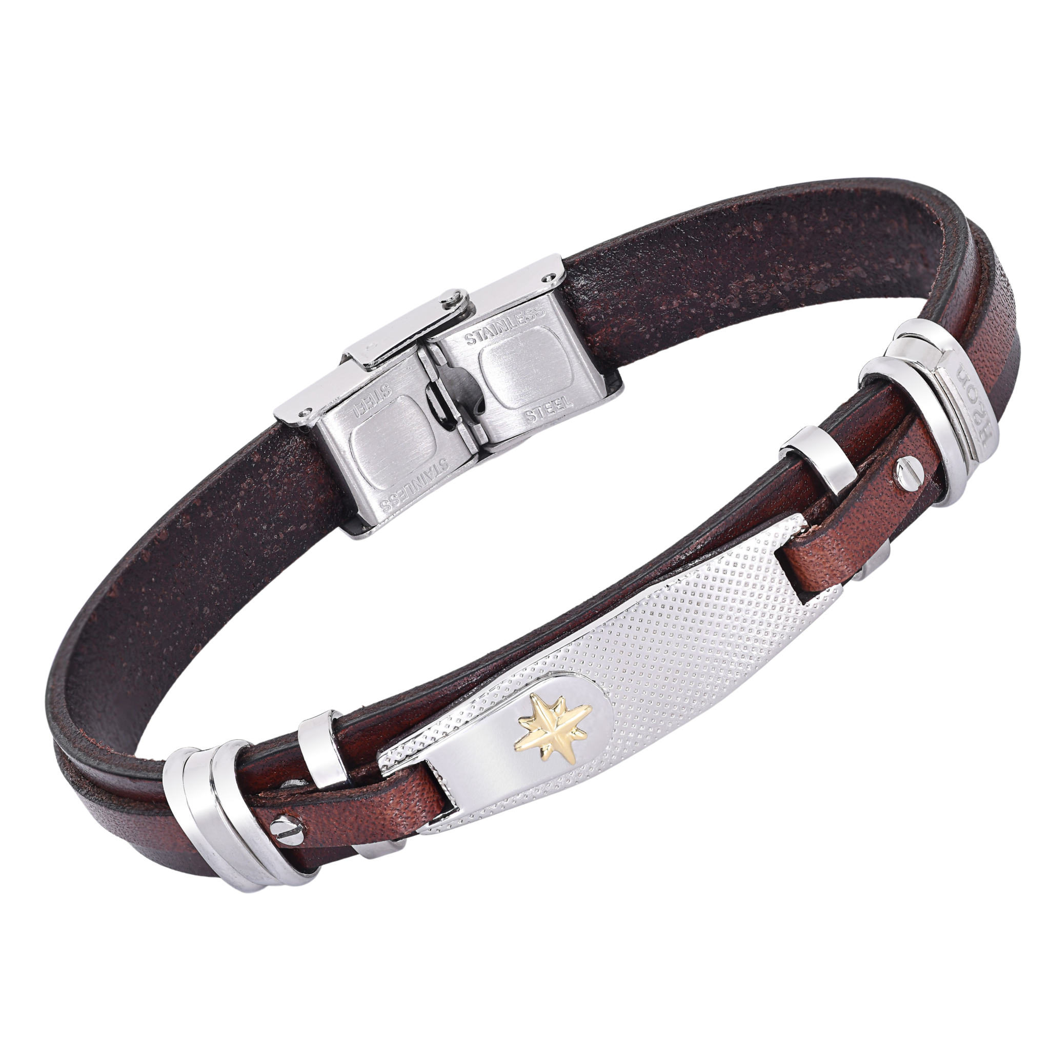 Bracciale in acciaio e cuoio marrone con rosa dei venti oro 18 kt (gr 0.05)