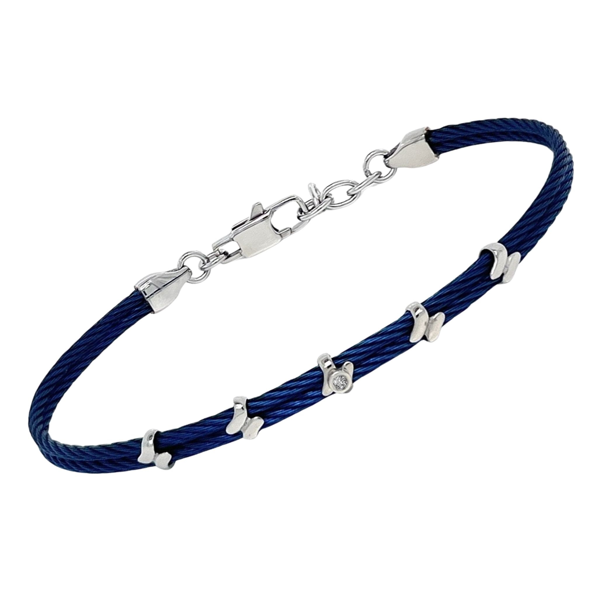 Bracciale cavetto in acciaio PVD blu con semilavorati e Diamante Naturale 0,015 ct