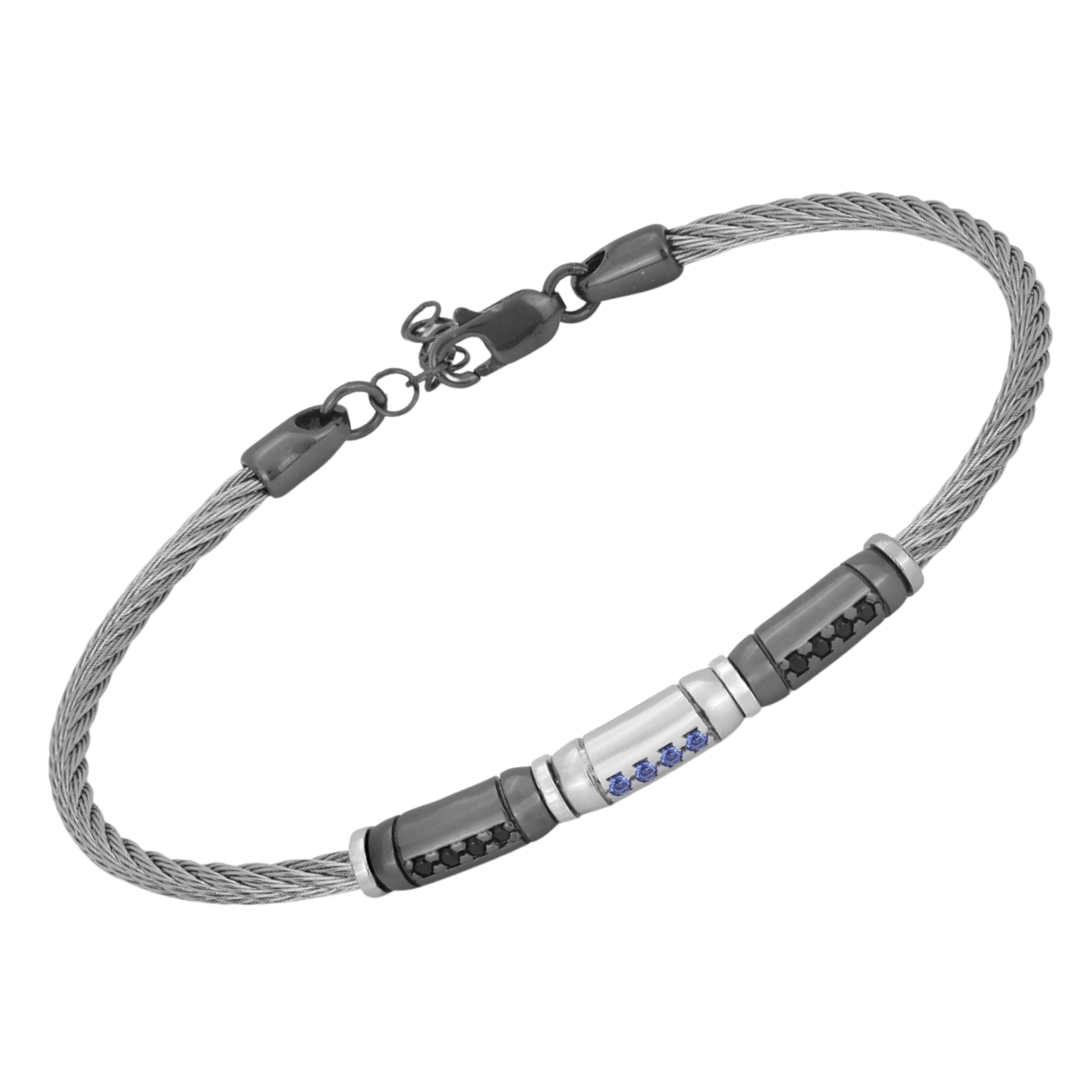 Bracciale in acciaio con semilavorati in argento 925 (gr. 3.65) colore rutenio e Swarovski nero e blu zaffiro