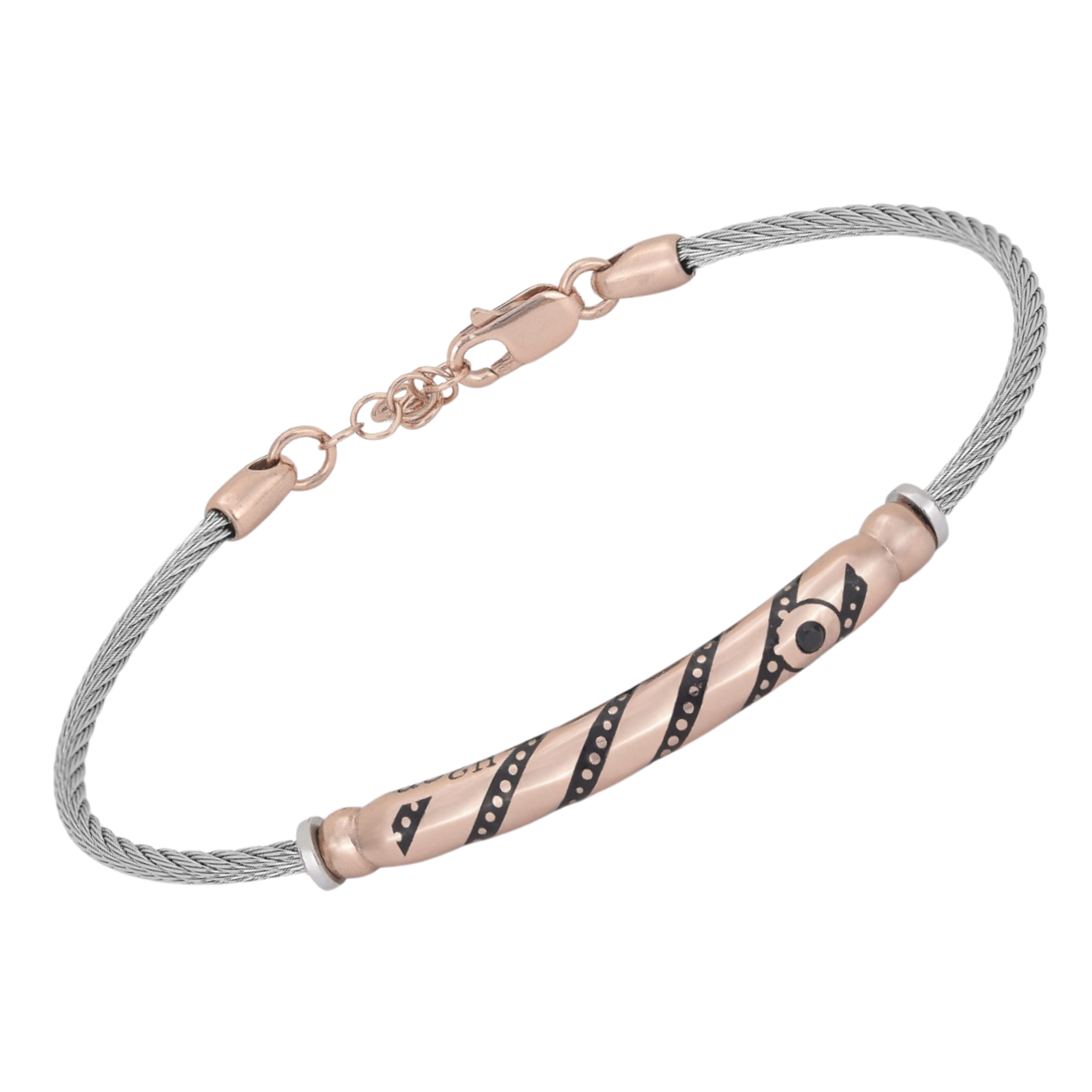Bracciale in acciaio con semilavorati in argento 925 Rosa (gr. 4.00) colore rutenio e Swarovski nero
