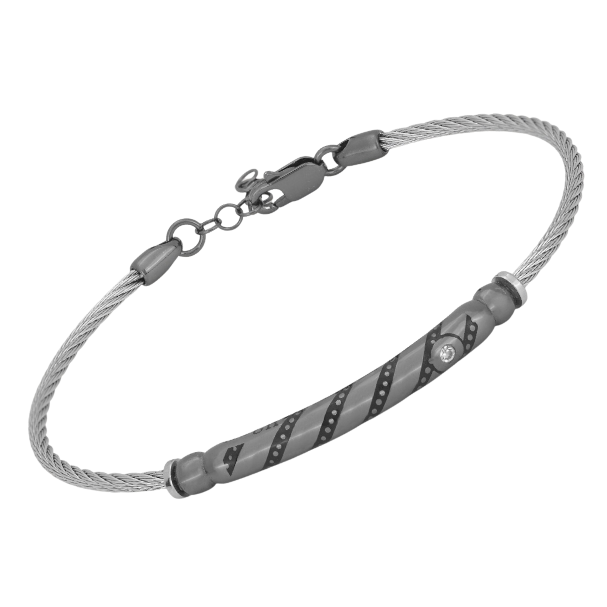 Bracciale in acciaio con semilavorati in argento 925 (gr. 4.00) colore rutenio e Swarovski bianco