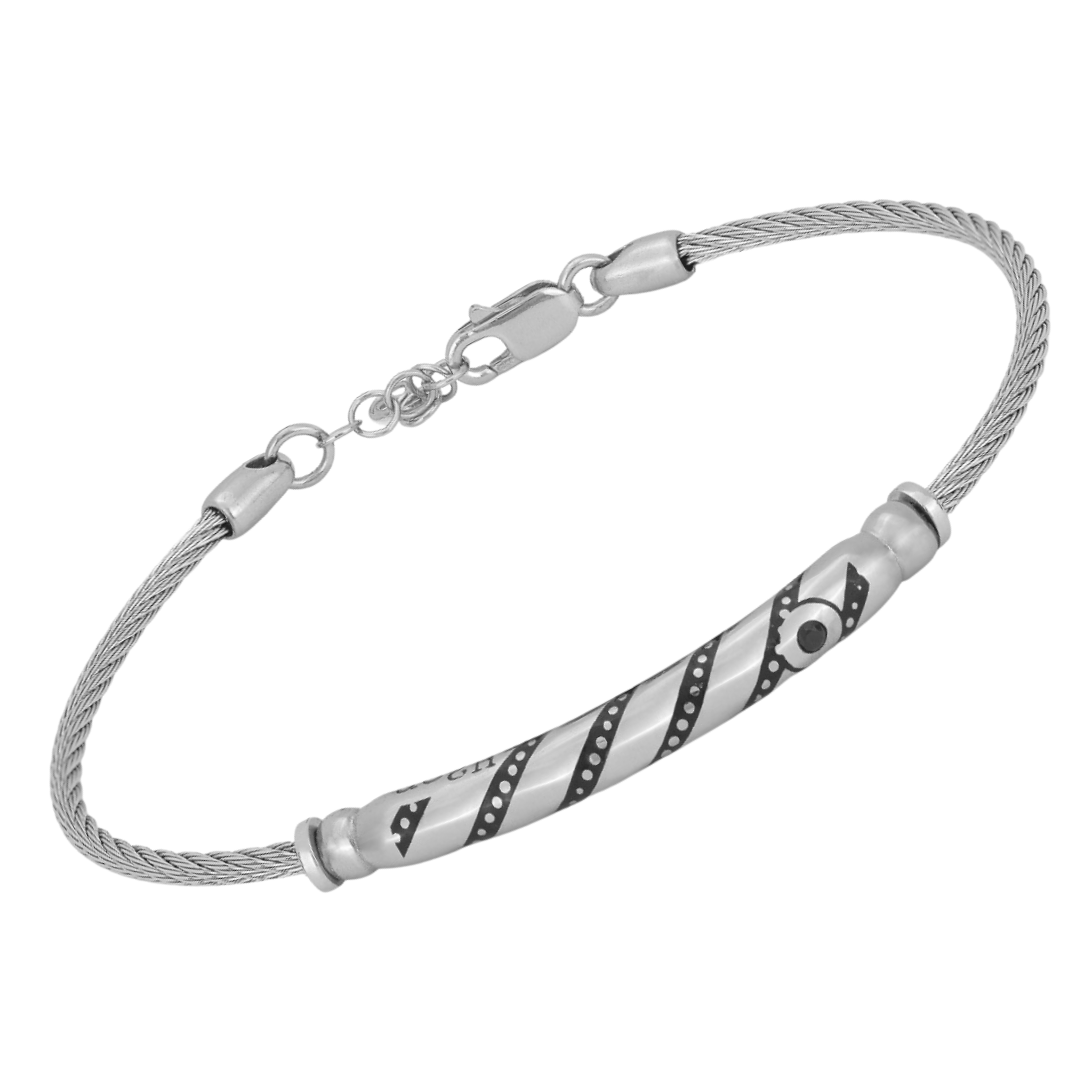 Bracciale in acciaio con semilavorati in argento 925 (gr. 4.00) colore rutenio e Swarovski nero