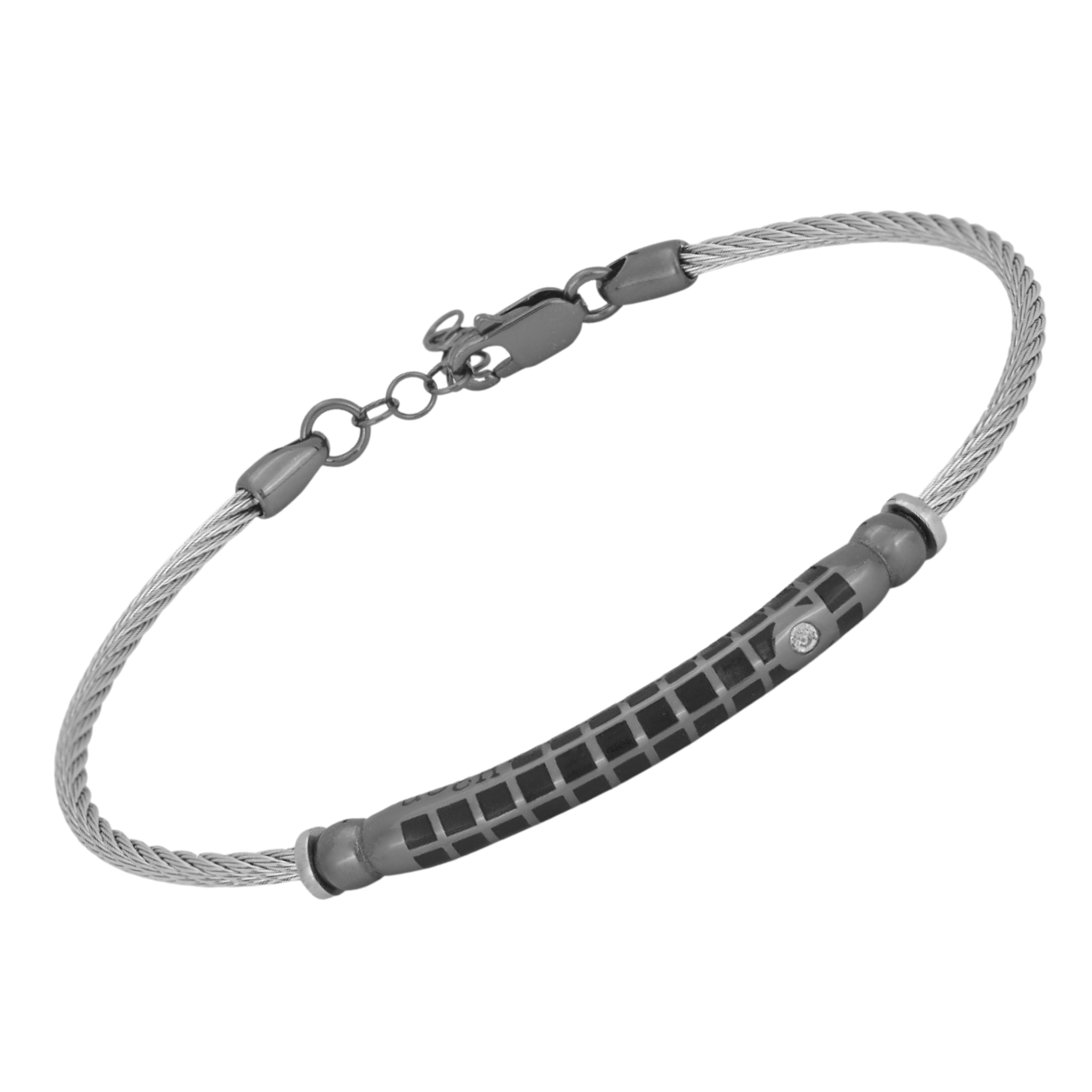 Bracciale in acciaio con semilavorati in argento 925 (gr. 4.00) colore rutenio e Swarovski bianco